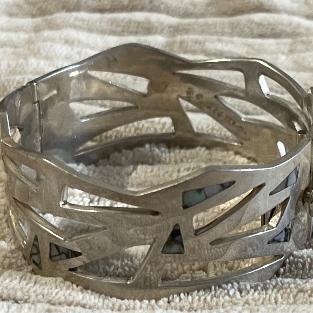 Sterling Silver HEAVY Geometric Abalone Cutout Cuff Bracelet